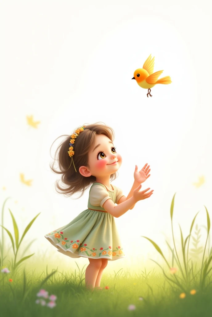 white background,best quality,cute liitle girl standing on grass,she look at the little bird,rais her hands to the little bird,cute little bird flying,cute colorful frock wearing the girl,smiling face
