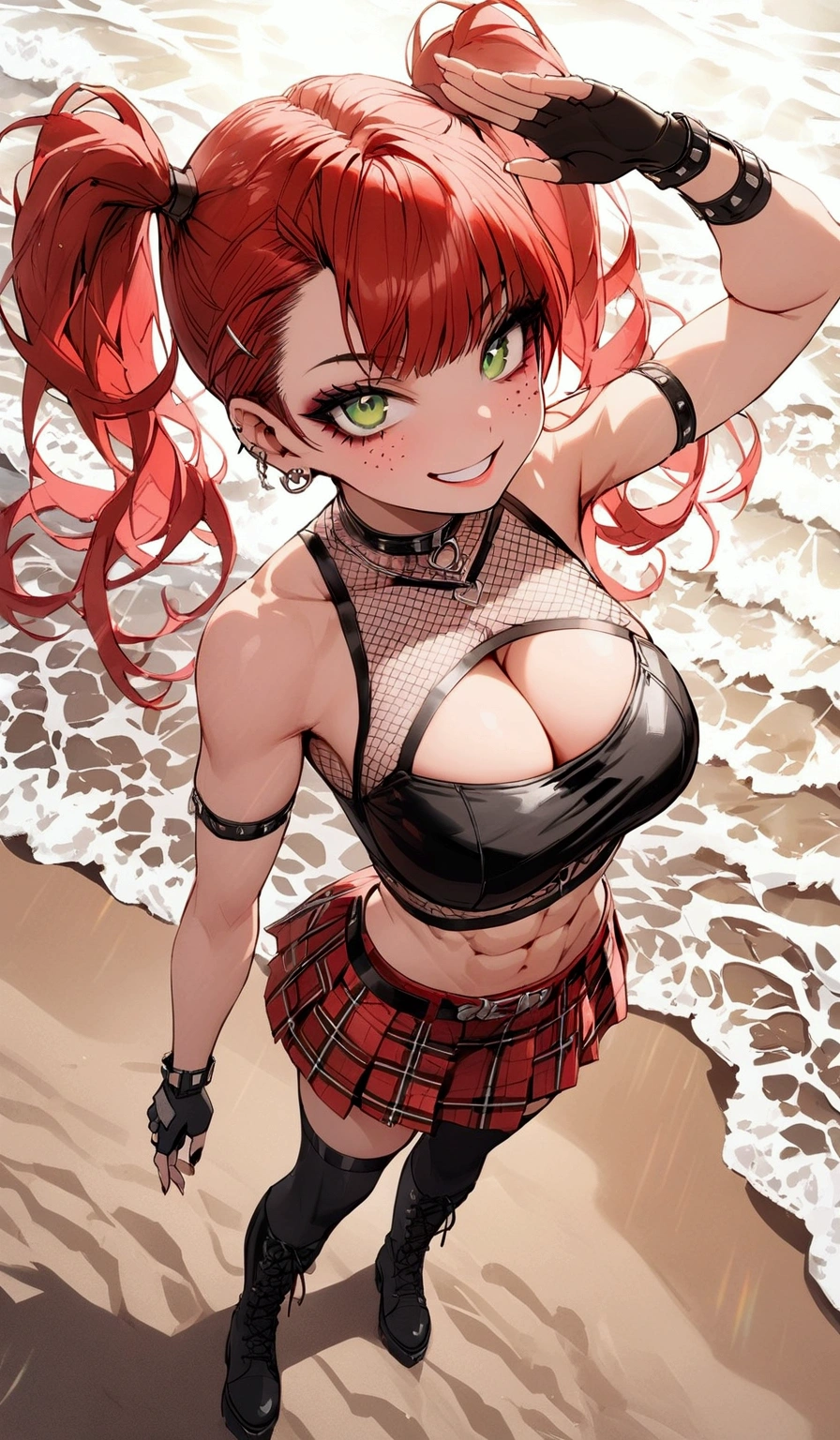 woman, grin, curly red hair in pig tails, green eyes, black eyeshadow, wearing crop top black shirt, black jacket, red plaid skirt, black knee high boots, black fingerless gloves, exposed shoulders, large breasts, freckles, abs, cleavage, looking up at viewer, masterpiece, best quality, Holo-Punk Style, saluting, at the beach, make up, eyelashes, fish net undershirt, fish net stockings, (full body)