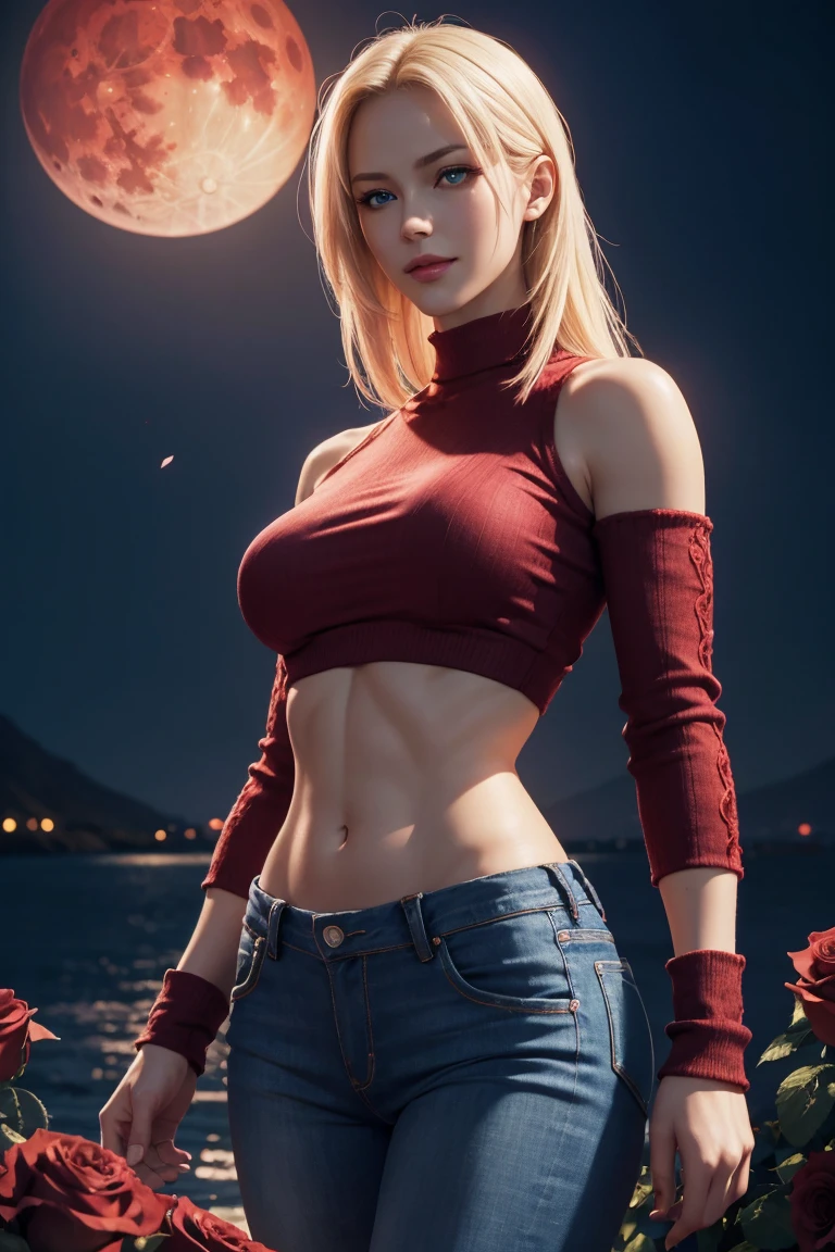 KOF,King of Fighters,Blue Mary,Blue Eyes,Blonde Hair,Medium Hair,Beautiful white skin,Photorealistic,Ultra HD,high quality,masterpiece,Digital SLR,Detailed details,Intricate details,Anatomical basis,Depicted in detail,A detailed face,Realistic skin texture,Vivid details,Perfect Anatomy,Perfect Anatomy,Anatomically correct hand,Anatomically correct fingers,Super Detail,Complex 3D rendering,Sexy pose,Red knitted tops,No sleeve,jeans,Fantasy worldview,Beautiful red sea,Beautiful Red Moon,Beautiful night sky,Petals of roses dance,Picturesque,Pink Lips,smile,