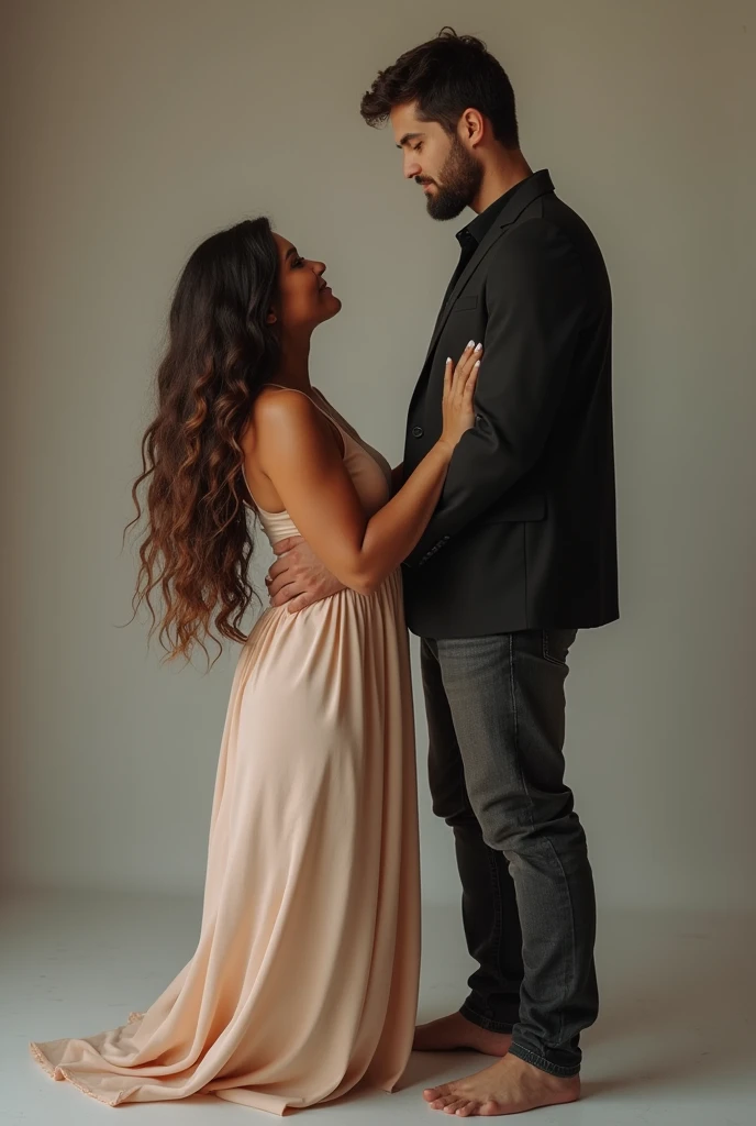 Beautiful wife with wavy long hair, elegantly dressed, kneeling with a submissive expression by her standing husband casually dressed