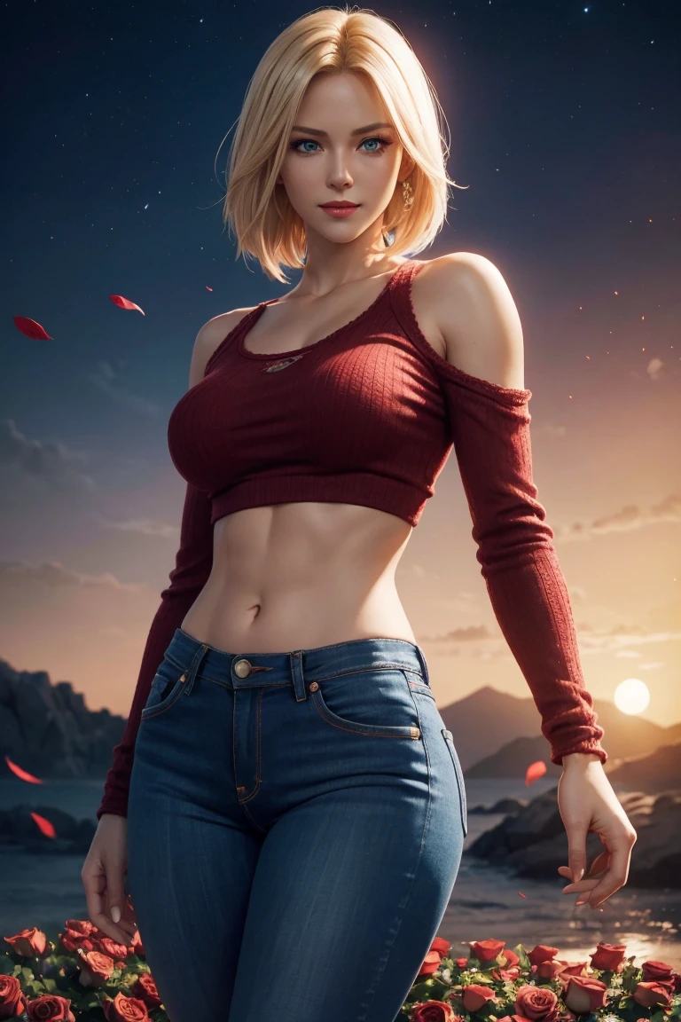 KOF,King of Fighters,Blue Mary,Blue Eyes,Blonde Hair,Medium Hair,Beautiful white skin,Photorealistic,Ultra HD,high quality,masterpiece,Digital SLR,Detailed details,Intricate details,Anatomical basis,Depicted in detail,A detailed face,Realistic skin texture,Vivid details,Perfect Anatomy,Perfect Anatomy,Anatomically correct hand,Anatomically correct fingers,Super Detail,Complex 3D rendering,Sexy pose,Red knitted tops,No sleeve,jeans,Fantasy worldview,Beautiful red sea,Beautiful Red Moon,Beautiful night sky,Petals of roses dance,Picturesque,Pink Lips,smile,