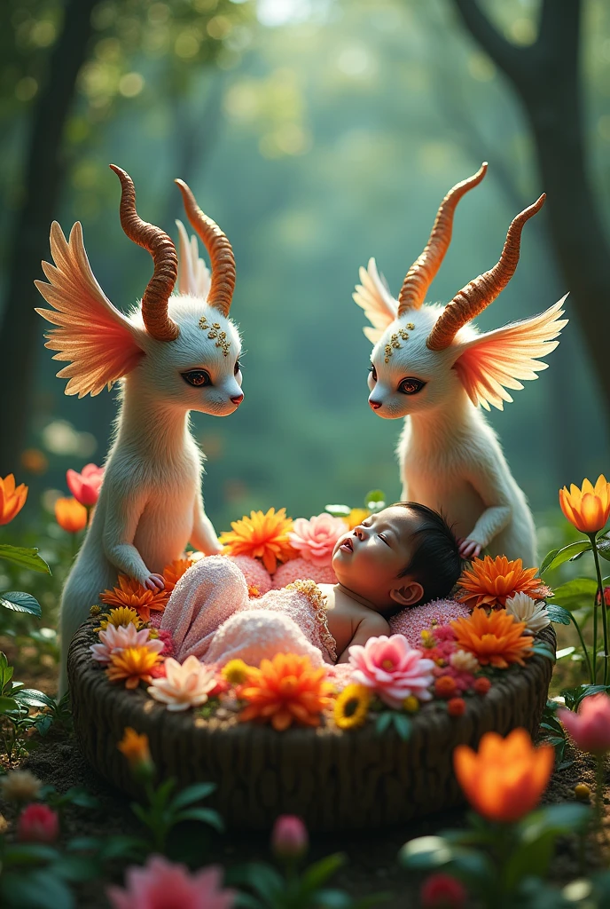 Brunette indigenous baby in a cradle of flowers shining in the green forest full of trees surrounded by two mystical beings one with horns and huge wings and 3 eyes and shining and the other being with 6 eyes 6 arms 4 wings and 2 horns shining