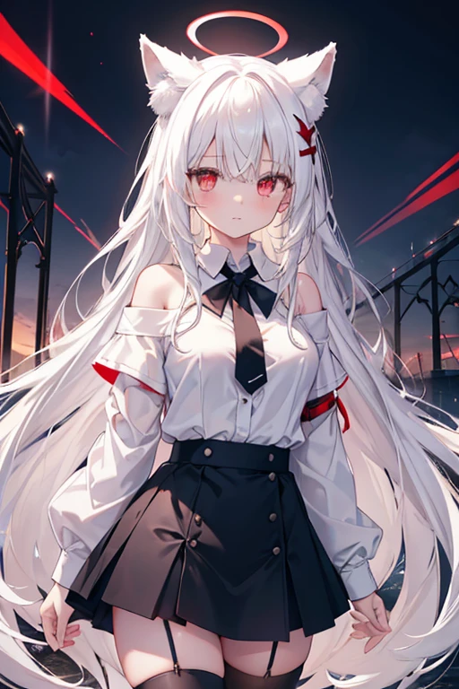 girl, young, big breasts, white long hair, red glowing eyes, white fox ears, white pointy halo, oversized shirt, white shirt, off shoulder, loose bottom shirt button, opened shirt button, black long tie, black big collar, black platted mini skirt, 5cm skirt, black stockings, medieval village, bridge, small river, sunny