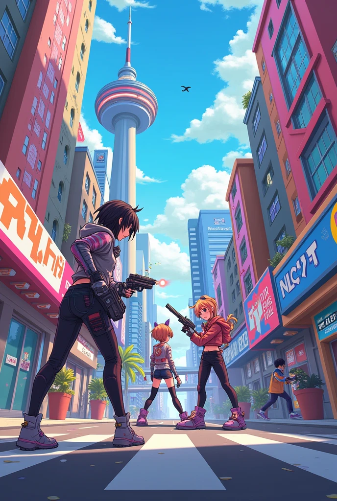 cyber-、cool、cute、、Young people、Future City、colorful、anime、landscape、gun、arms、Armament、Shootout、Vibrant