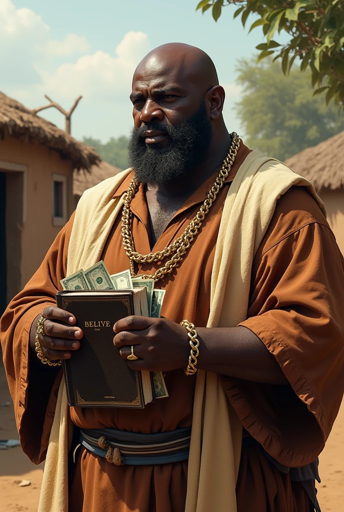 Greedy African man in the village holding money he got from the poor while holding the bible