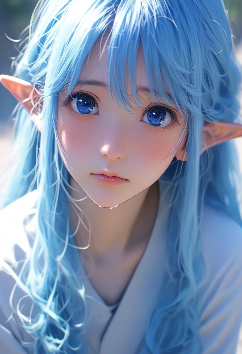 Summer sunshine、暑い夏に現れたiceの妖精、温度を下げようとiceの魔法を使う、周りに広がるiceの柱、Anatomically correct、high resolution、cold、ice、iceの結晶、iceの輝き、Sparkle Effect、Cold High Resolution, Long Hair, solo, blue eyes, Blue Hair/Light blue hair, Pointy Ears, look up,