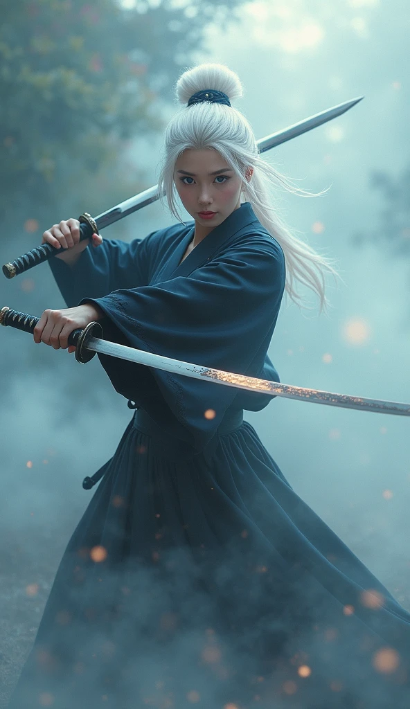 Mysterious Ninja, Swinging a dagger, Splitting apart with every strong blow、Shrouded in fog that obscures the view, Revealing vivid and surreal scenes, The blade's cut stands out clearly against the blurry background., Mysterious background, The sharp gaze of the ninja meets the viewer.., A dreamy layer of fog covers the landscape, piercing, clear eyes, A sophisticated and beautiful kimono, Dramatic lighting and colors, white hair