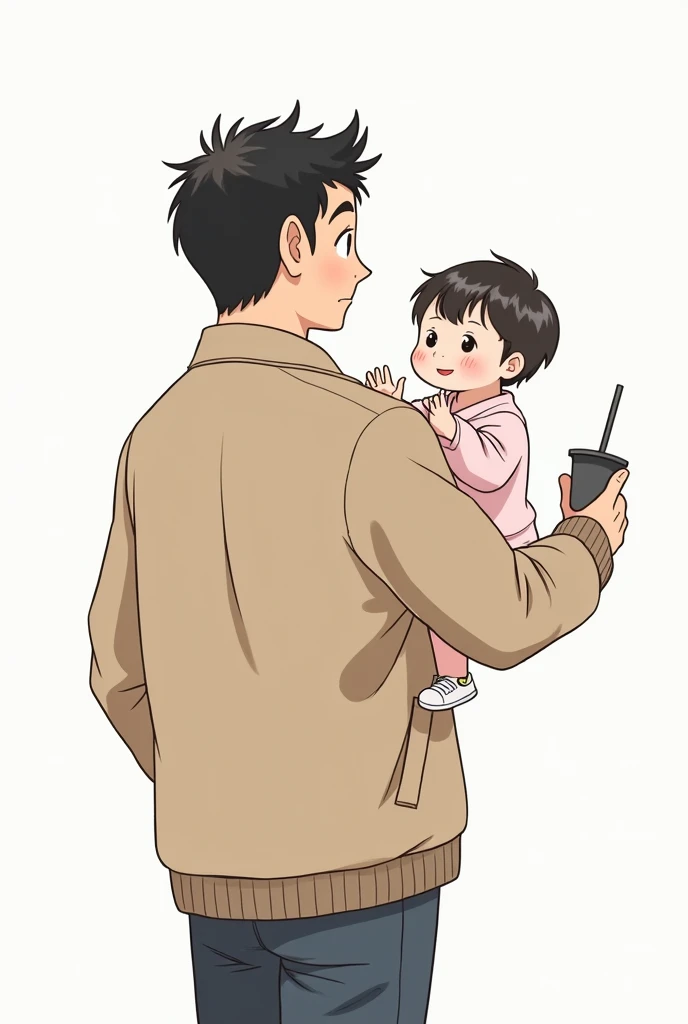 Cartoon of a man wearing a casual jacket, An illustration of by Niko Henrichon, tumbler, Happenings, シンプルなAn illustration, simple and cleAn illustration, Random Artist, No text, 漫画An illustration, Japanese man in his 30s, An illustrationレーターで作成, An illustration, 手描きAn illustration, コンセプトAn illustration, 🎨🖌, 面白いAn illustration,A diagonal rear view of two Japanese women facing each other while holding a baby,The background is pure white