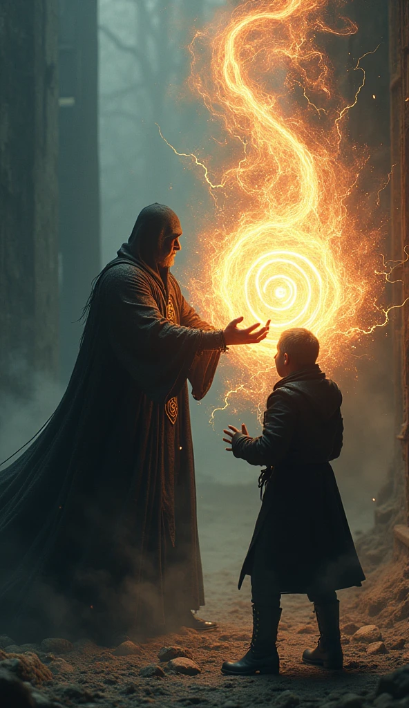 "In a dark, foreboding environment, the dark sorcerer stands menacingly, casting a powerful spell towards Vortex. The sorcerer is clad in dark robes, with swirling magical runes emanating from his hands. Vortex, in his black coat, looks determined but is clearly struggling against the intense, glowing energy of the spell. The air crackles with magical tension as the spell strikes Vortex, creating a dramatic clash of light and shadow. The surrounding area is shrouded in darkness, with only the light from the spell illuminating the scene."