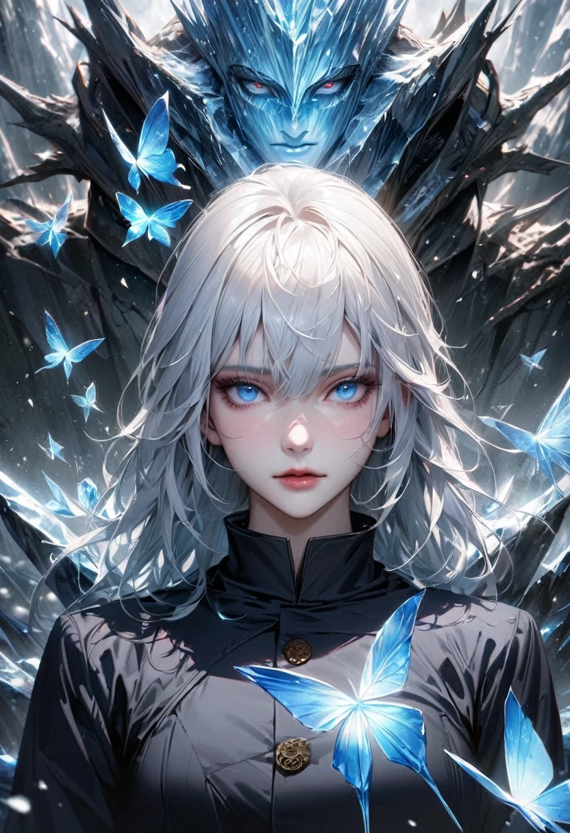 Absurd, High resolution, Super detailed, High resolution, masterpiece, Highest quality, Highly detailed face and eyes, Perfect Face, Realistic Face, Beautiful Eyes, Satoru Gojo, White hair with bangs, Hair between the eyes, Expressive blue eyes, White eyelashes, JUJUTSU KAİSEN, alone, male, good looking, Ice Butterfly, Ice Tree, Ice Flower, Ice Flowerびら