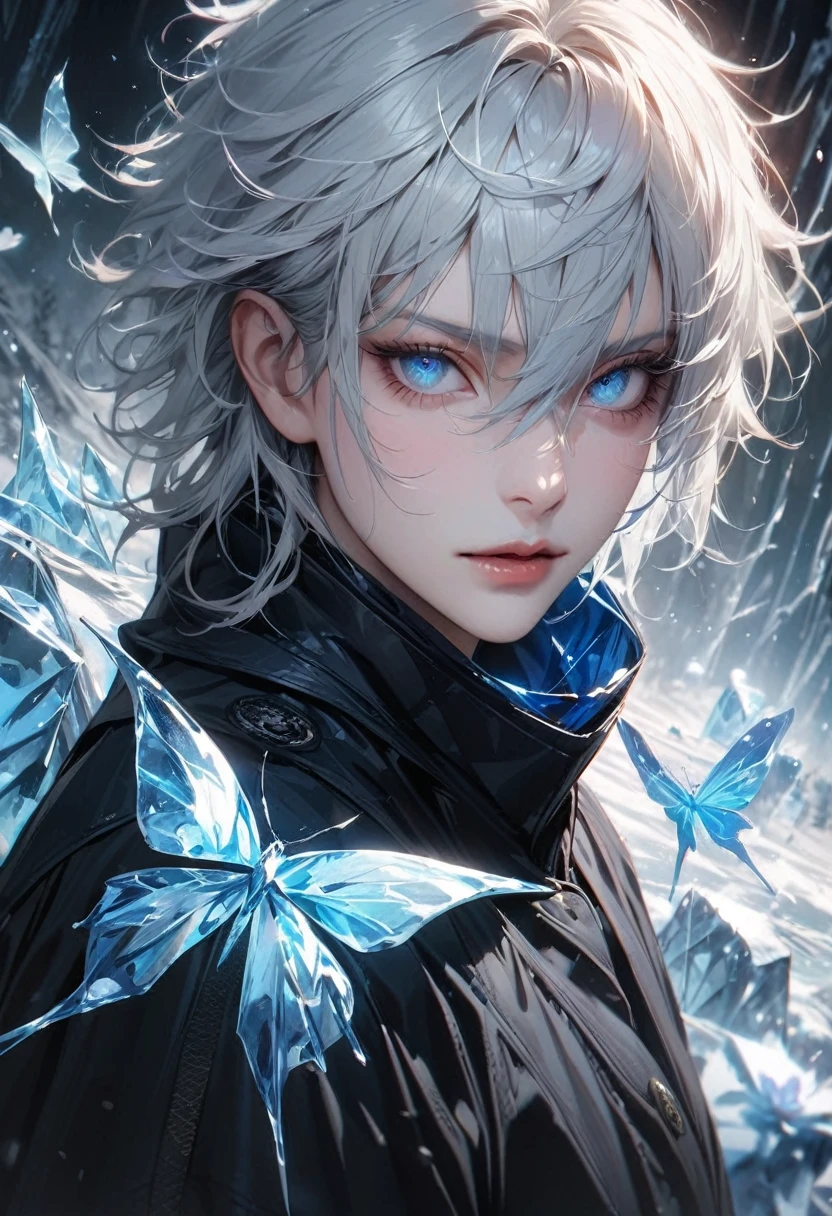 Absurd, High resolution, Super detailed, High resolution, masterpiece, Highest quality, Highly detailed face and eyes, Perfect Face, Realistic Face, Beautiful Eyes, Satoru Gojo, White hair with bangs, Hair between the eyes, Expressive blue eyes, White eyelashes, JUJUTSU KAİSEN, alone, male, good looking, Ice Butterfly, Ice Tree, Ice Flower, Ice Flowerびら