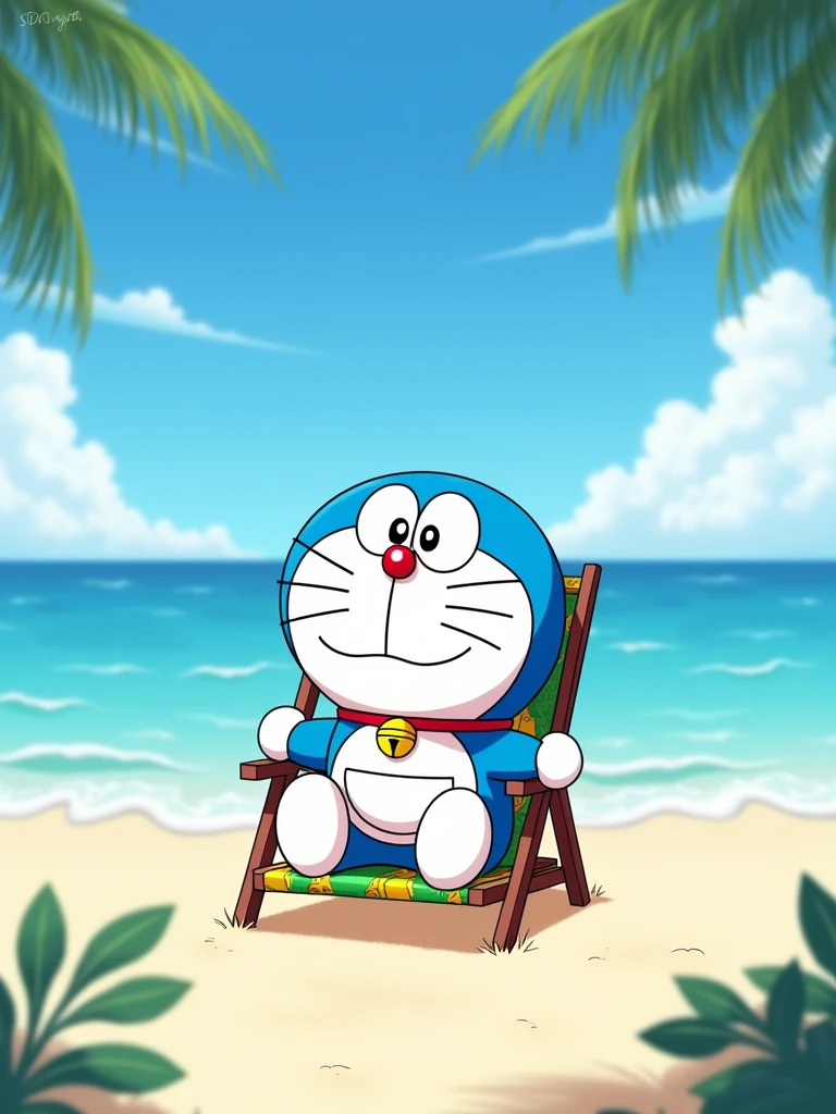 Doraemon is resting on a beach chair by the sea