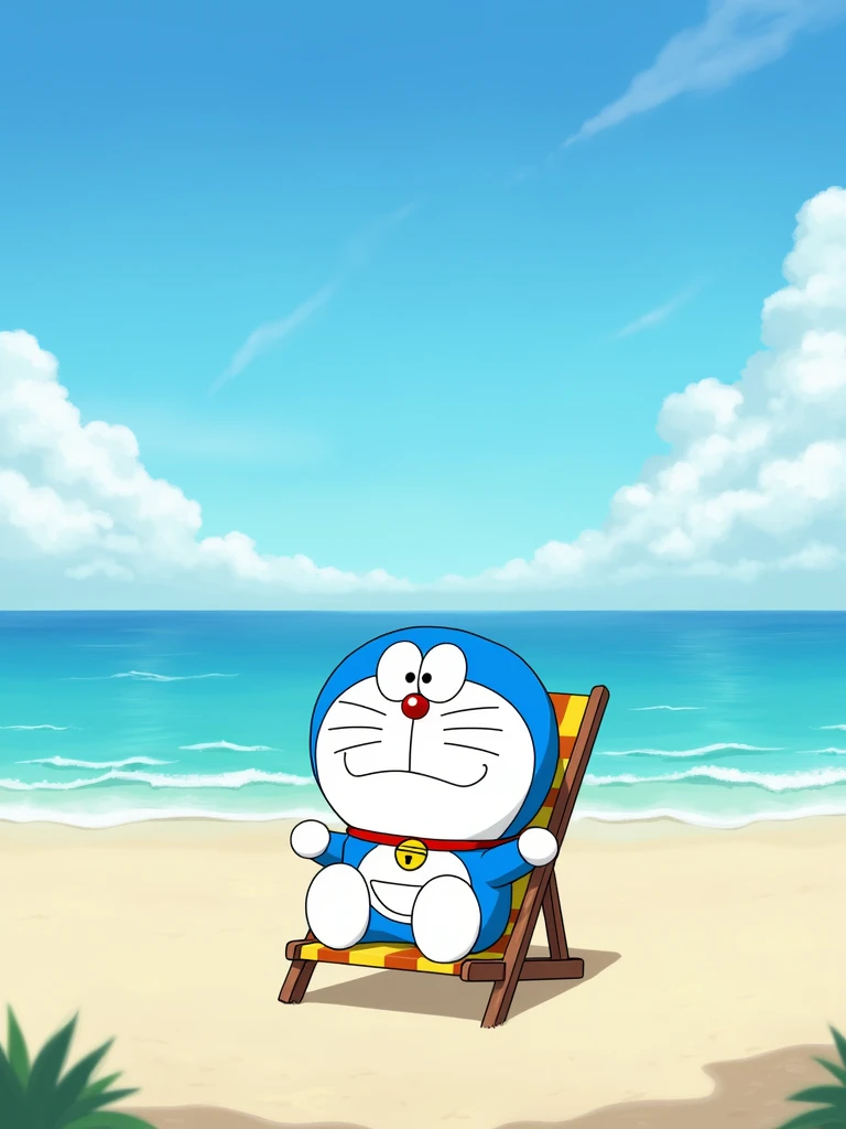 Doraemon is resting on a beach chair by the sea