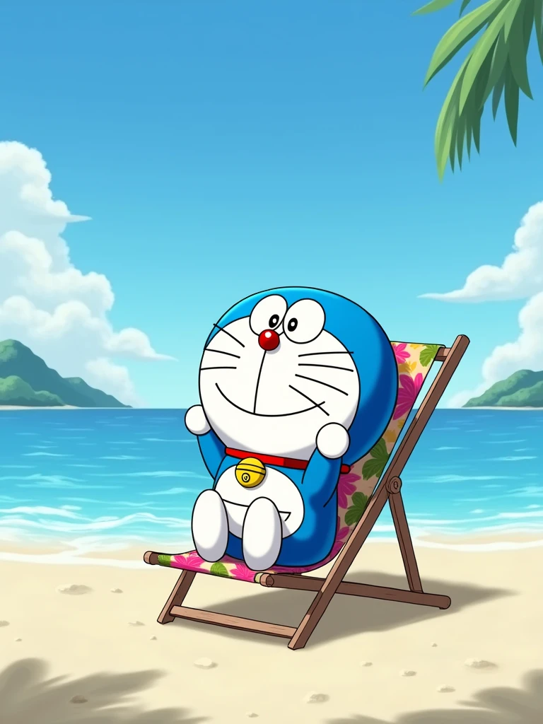 Doraemon is resting on a beach chair by the sea