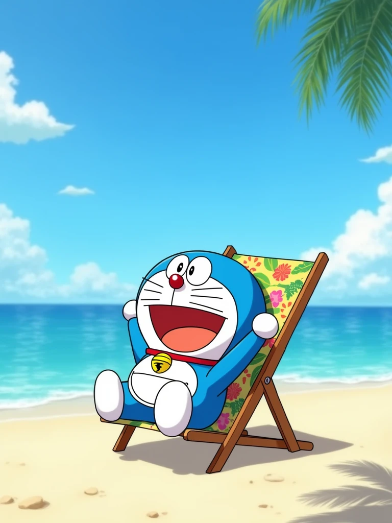 Doraemon is resting on a beach chair by the sea
