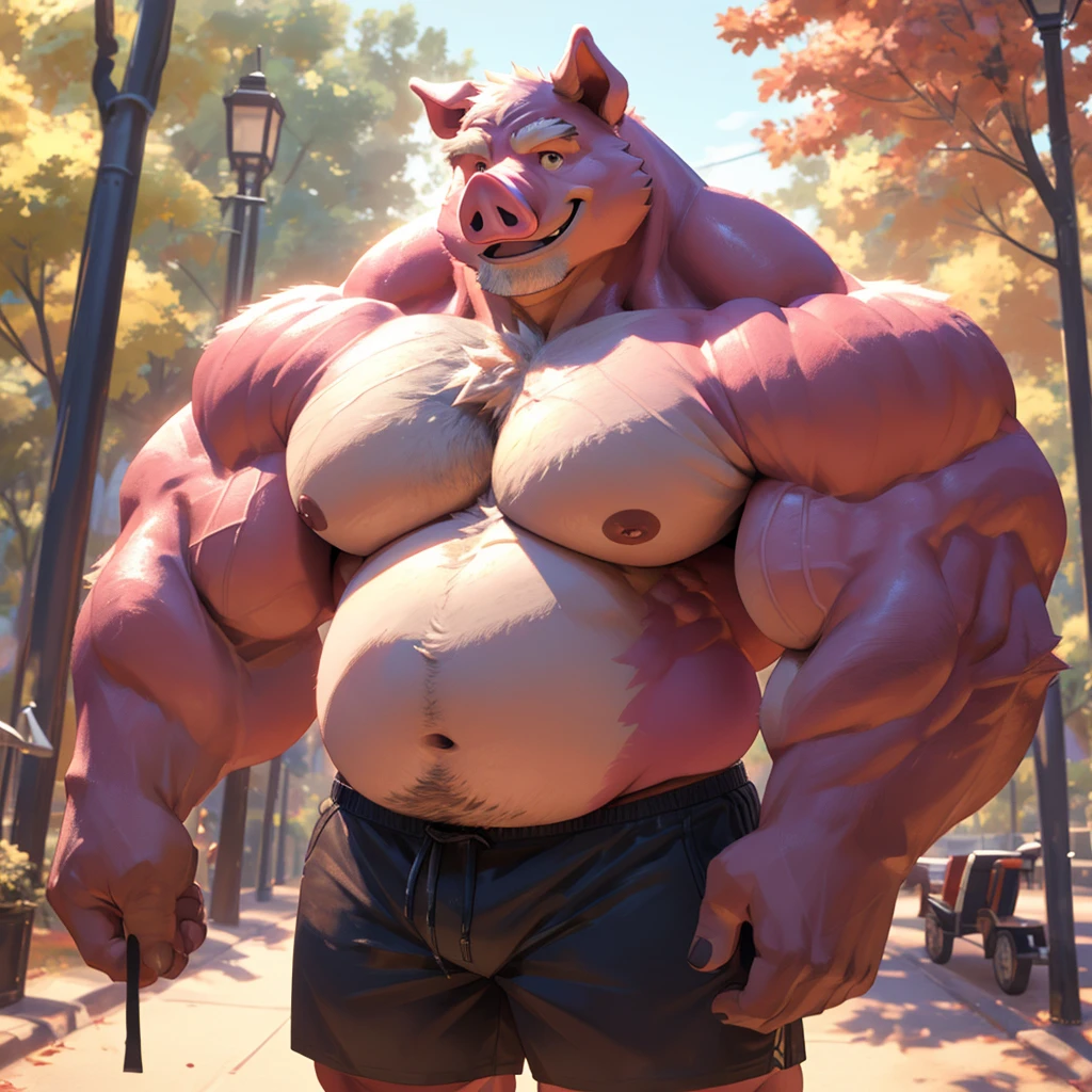 1boy, 1man, solo, a potrait (furry pig, pink skinned, pink furr), (face:1.3, detailed face), chubby, fat belly, huge belly, Park, extremely huge muscular, massive muscular , (topless, shirtless, shorts), well-muscled old man. ((extremely muscle size, super thick arms, huge pec, hyper pec, bigger chest, extremely wide pectoral , huge arms)), wide smiling. Add textures and details to make the image more realistic, such as the appearance of the. Make sure the resulting image is high resolution, 8K quality