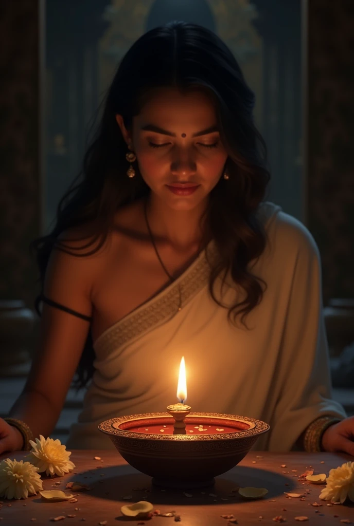 Cut to: hindu  दीपक (दीया) जलाने का दृश्य और भक्तिमय संगीत]