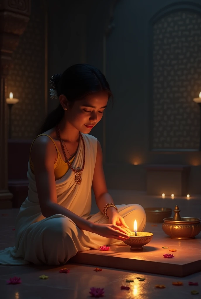 Cut to: hindu  दीपक (दीया) जलाने का दृश्य और भक्तिमय संगीत]
