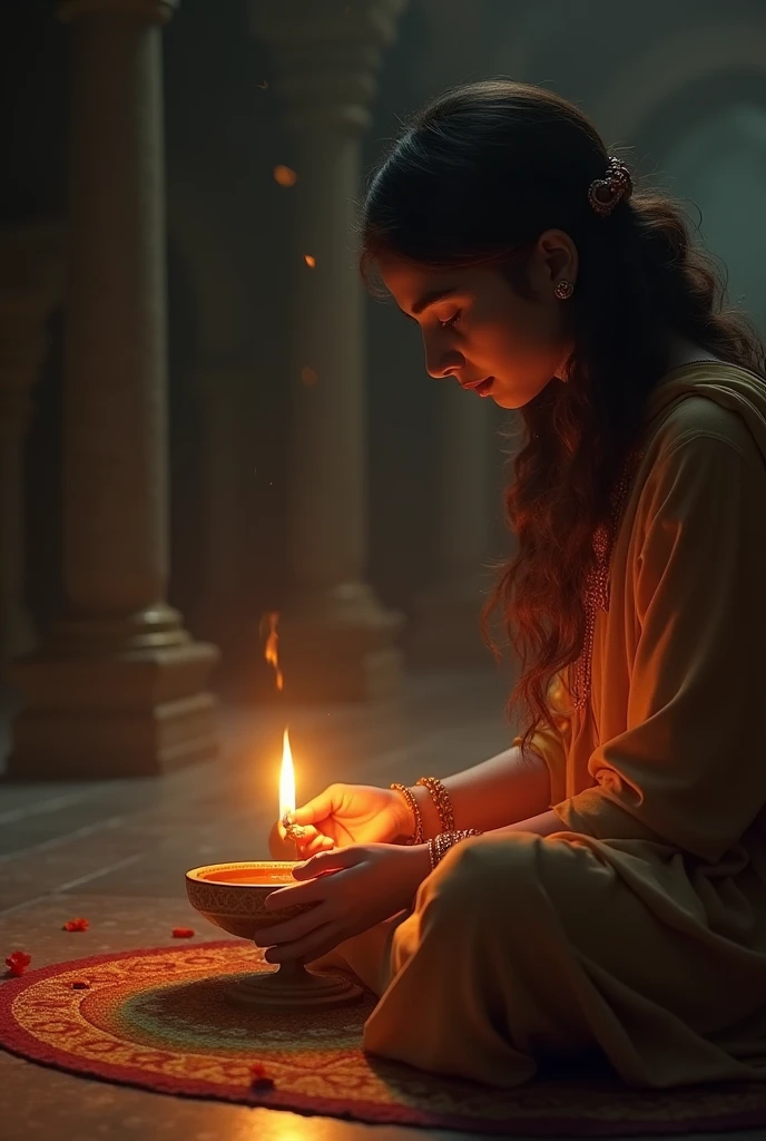Cut to: hindu  दीपक (दीया) जलाने का दृश्य और भक्तिमय संगीत]
