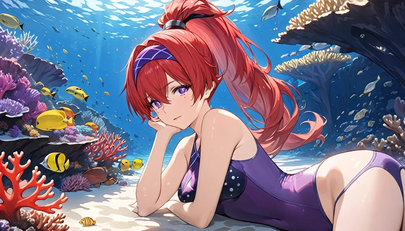 masterpiece，high resolution，Anime Art，Anime Numbers， 4k anime wallpaper，Soft Light，Radiant Skin，Looking at the camera，Solitary，An anime girl，Red high ponytail，Purple eyes with black spots，Purple headband，Lying on your side，Purple one-piece swimsuit，seabed，Coral Reef