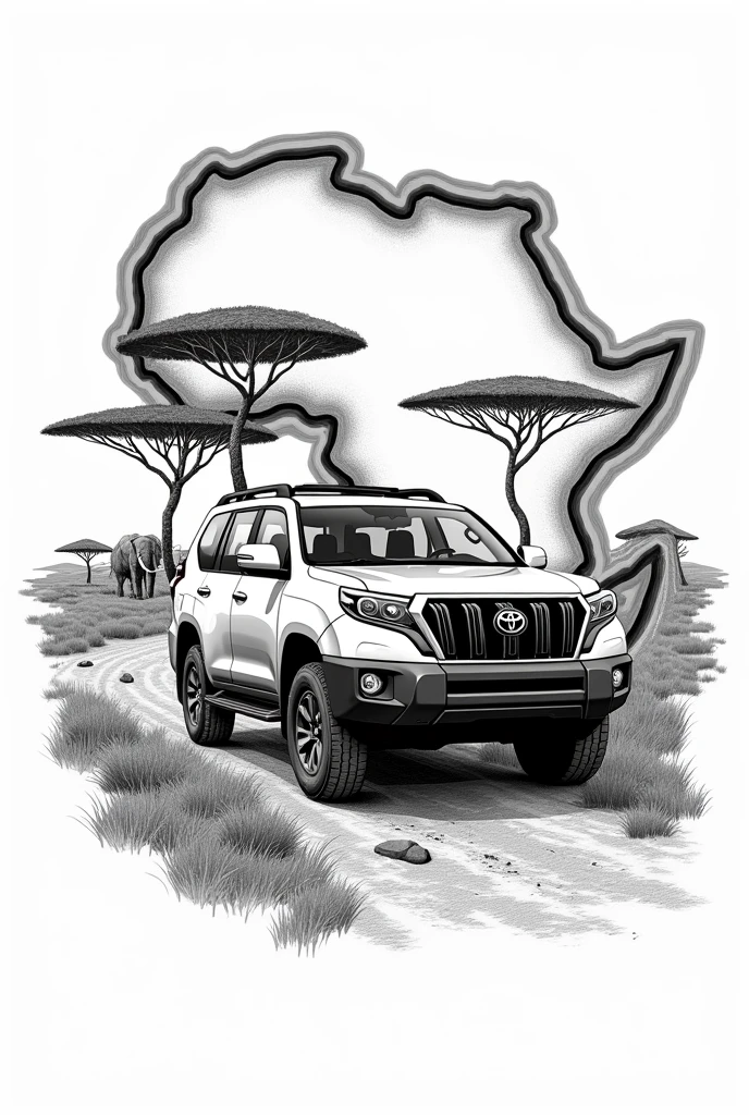 A black and white hand-drawn illustration of a Toyota Land Cruiser Prado navigating through an African landscape. The scene should include iconic African elements like savannas with acacia trees, wildlife such as elephants or giraffes, and traditional villages with thatched huts. The Toyota vehicle, perhaps a rugged Land Cruiser Prado 2024 , should be the focal point, highlighting its capability on rough, uneven terrain. The drawing should capture the texture of the landscape and the details of the vehicle, using strong lines and shading.
blend the image inside of the map of africa, some details of the design go beyond the limits of the map, giving a more creative design