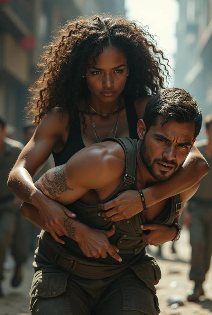 A brunette girl with curly hair and big breasts lifts injured man on her shoulders , taking a realistic photo