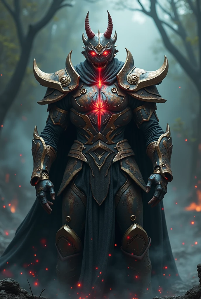 The armor is half-destroyed, and the power of the beast sealed inside the armor is erupting.,Red light leaks out from the damaged area of the armor.,Fenrir's seal is lifted