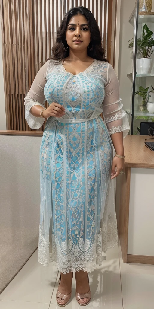 Day scene, A radiant, full-figured South Indian 35 year old aunty a white colour chiffon gown ,standing, in a office captured in a full-body image with vibrant hues and meticulous details. Full body image