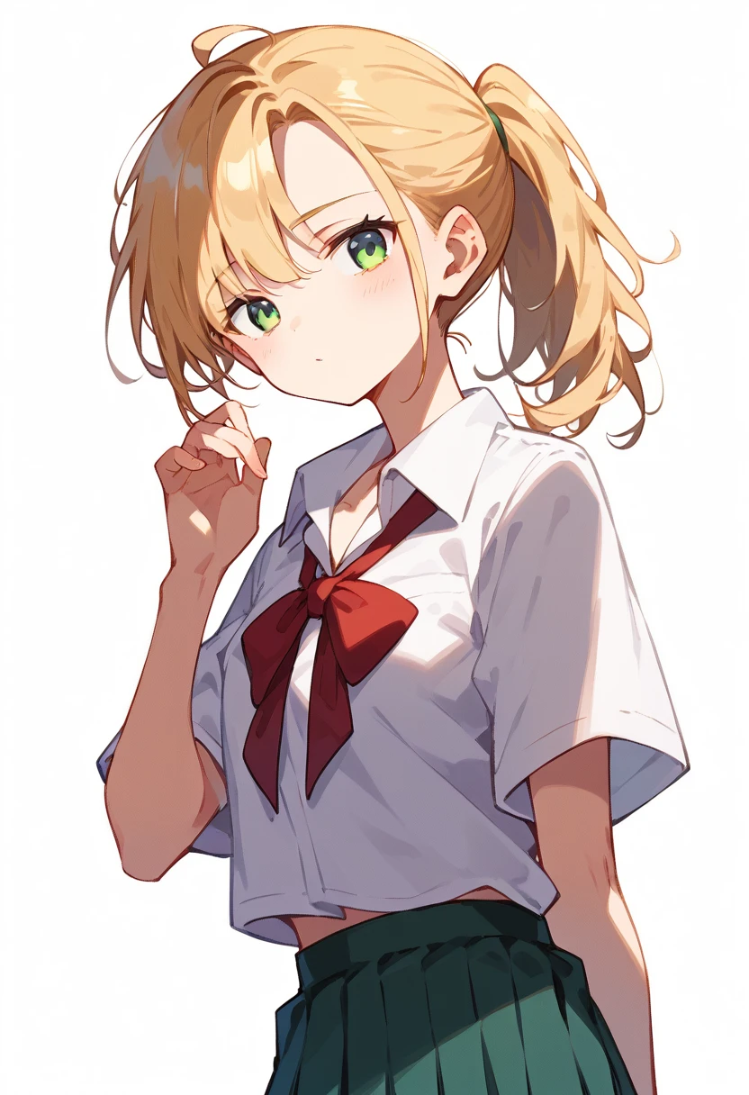 masterpiece, (score_9,score_8_up,score_7_up,score_6_up), 1 girl, green eyes, little sassy, bitch / cockslut / whore, skinny, tsurime, asymmetrical bangs, ponytail , (blond hair:1.3), (school uniform), (white collared shirt, plain pattern shirt, short sleeves, shirt tucked in:1), (red plain pattern narrow neck ribbon:1.2), brown loafers, white loose socks ,