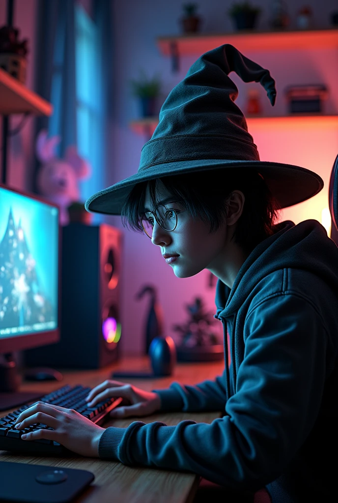 Gamer wearing sorting hat while playing video game