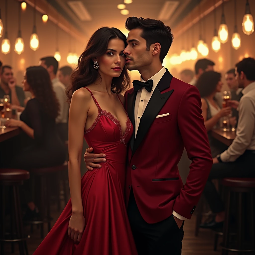 A striking figure is blending divided down the middle, with one half representing a woman and the other a man. (The face is a plausible and well-balanced mix of male and female features, perfectly harmonizing the two aspects into one unified, yet intriguingly ambiguous expression). The female half is elegantly dressed in a flowing, red evening gown with delicate lace detailing along the neckline and sleeves. White undershirt. Her hair is styled in soft curls, and she wears a single earring that sparkles in the light. The male half is dressed in a sharp, red tuxedo with a crisp white shirt and a bow tie. Tuxedo mix with dress and shirt with undershirt. His hair is neatly combed, and he sports a polished black shoe. duality of gender in a single person, embodying both genders in perfect harmony. figure stands in the midst of a crowded bar. The bar is lively, with people chatting and glasses clinking, dim lighting casting warm hues over the scene.