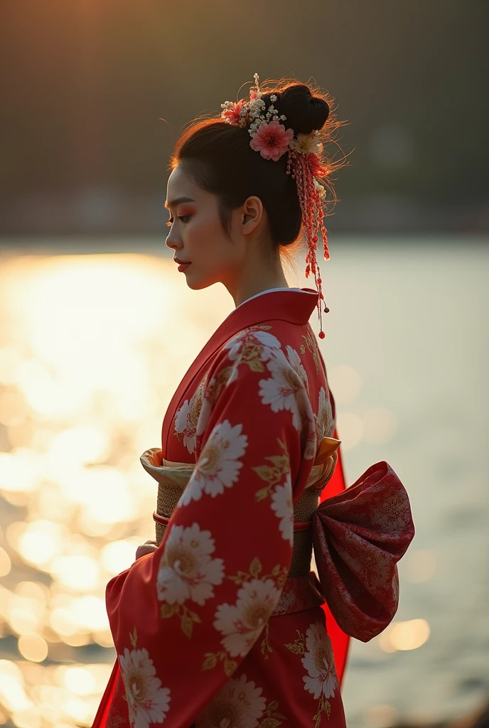 Japanese goddess standing by the water, Soft Light, Backlight, Shot with Canon EOS 5D, Soft Lowlights, DSLR 5.0 mm 、Soft lighting, Soft light from the side。The latest beauties of 2024