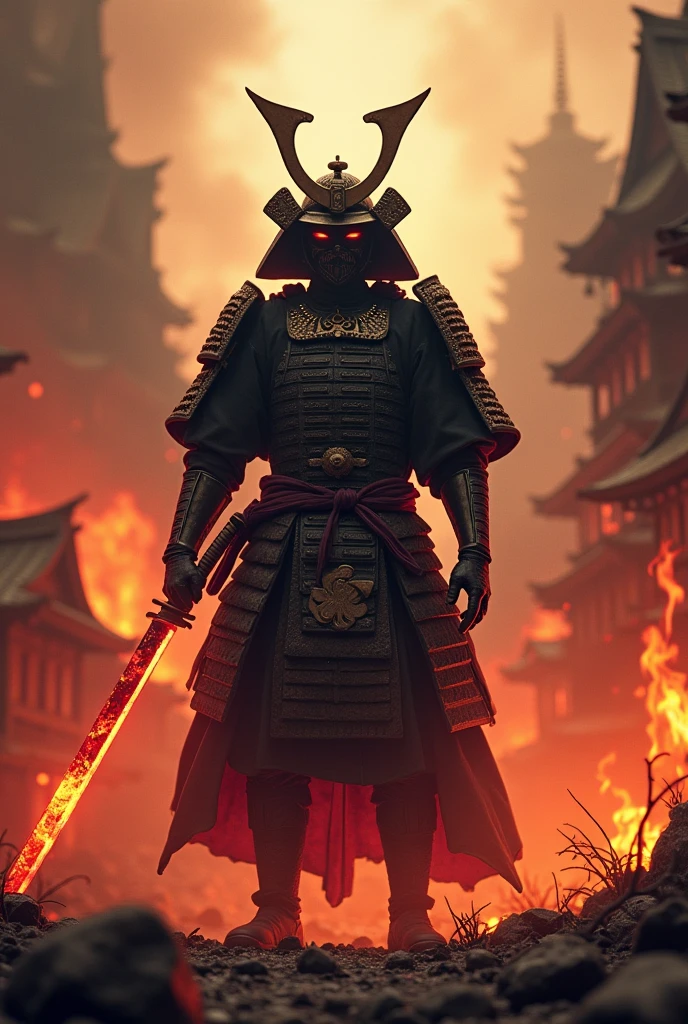 A shogun in a burning village angry holding his katana which red in color with hot tempered blade and he is alone
He has his full Armor with helmet and there is dragon shadow coming from his back he isn't showing his face