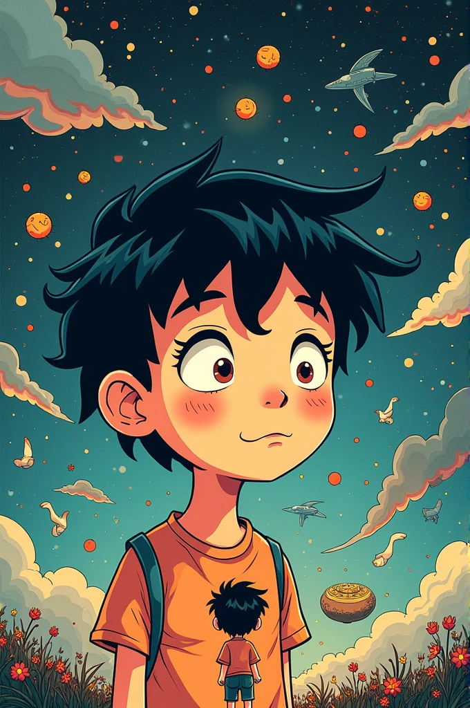 Simple (sibille artstyle) comic strip cover will have the main character ( boy) in the middle, with a smaller version of themselves falling inside their body, surrounded by distorted memories in the background.