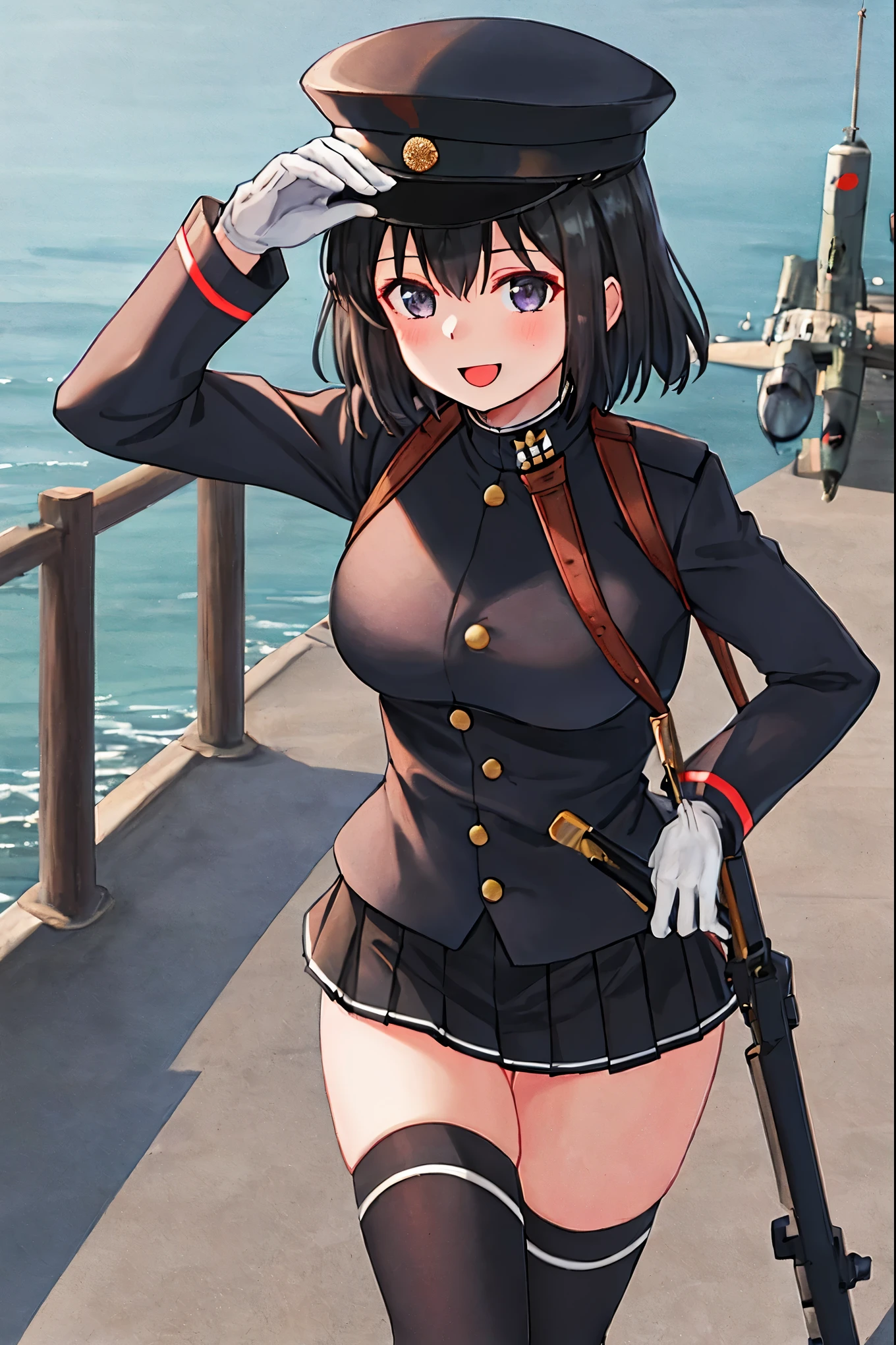 best quality, masterpiece, solo, {akitsu_maru_kantaicollection:1.15}, black_hair, short_hair, hat, peaked_cap, black_eyes, military, big_breasts, 1girl, black_headwear, looking_at_viewer,black_ military_uniform, uniform, military_hat, in_front_harbor_town_landscape_background, smile,(plump:0.7),,black_thigh-highs,joylight_open_mouth,