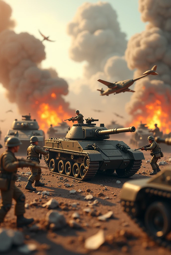 Photorealism army toys war tank jet explosion 