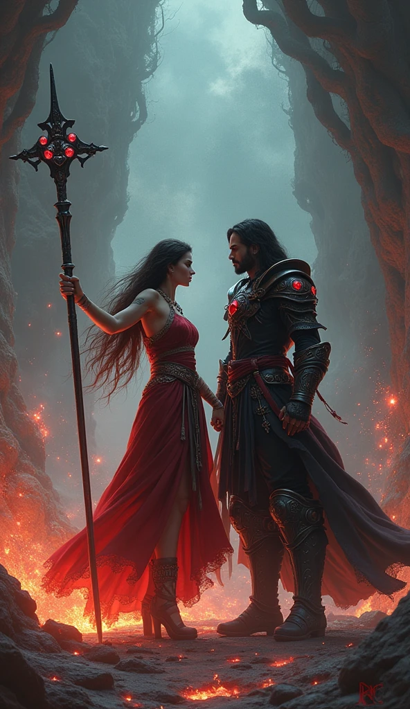 "In a dramatic scene of teamwork, the young female shaman and Valis work together to save Vortex. The shaman, dressed in flowing robes and holding a glowing staff, channels a powerful energy to counter the dark spell. Valis, wearing black gothic armor with blood-red jewels, stands by her side, his sword raised in defense. The scene captures the intensity as the shaman’s magic and Valis’s combat skills combine to break the spell and protect Vortex. The background shows the remnants of the dark spell dissipating, with a sense of hope and relief as the threat is neutralized."