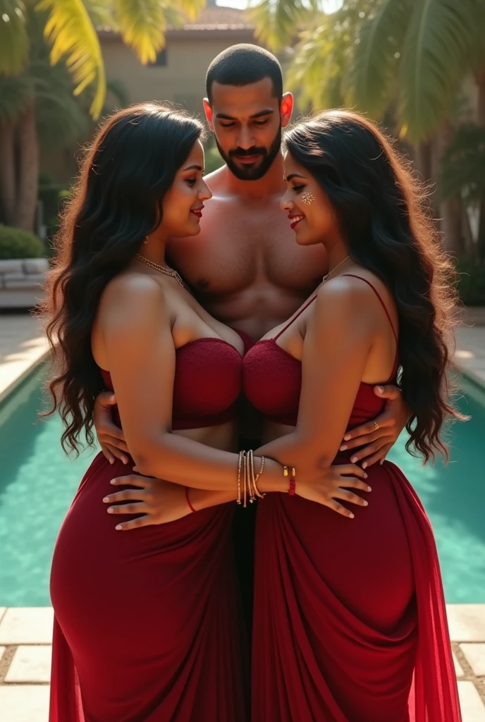 (photorealistic:1.2), birds eye view, a Muslim man shirtless wearing muslim traditional skull cap, looking, standing, beside him two beautiful hindu curvy women((big breast:1.2)) hindu Tilak on forehead and bangles wearing red dark lingerie dress close to him, hugging, smile and happy, romantic ambience, noon light,pool background, ((huge breast, show cleavage)) HDR