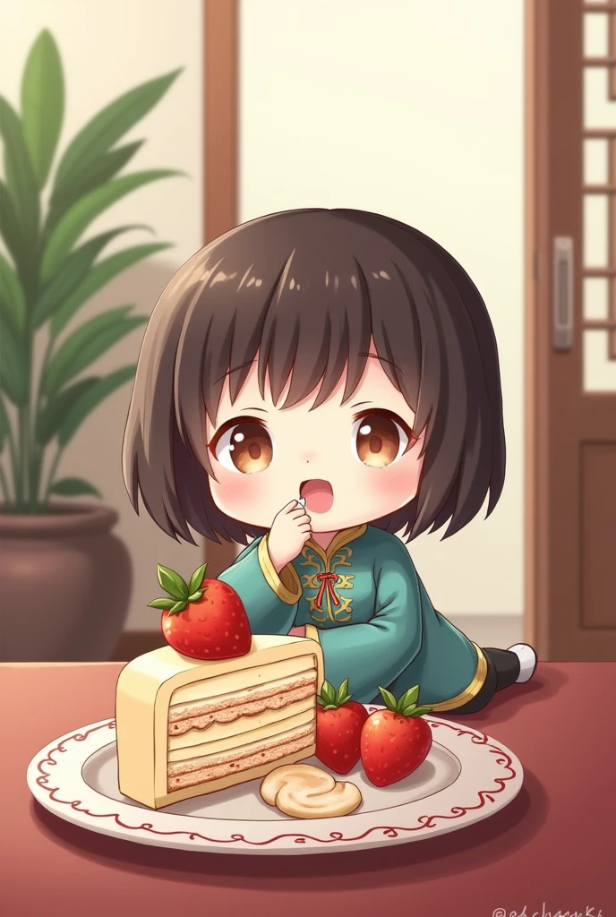 chibi ao dai eat cake