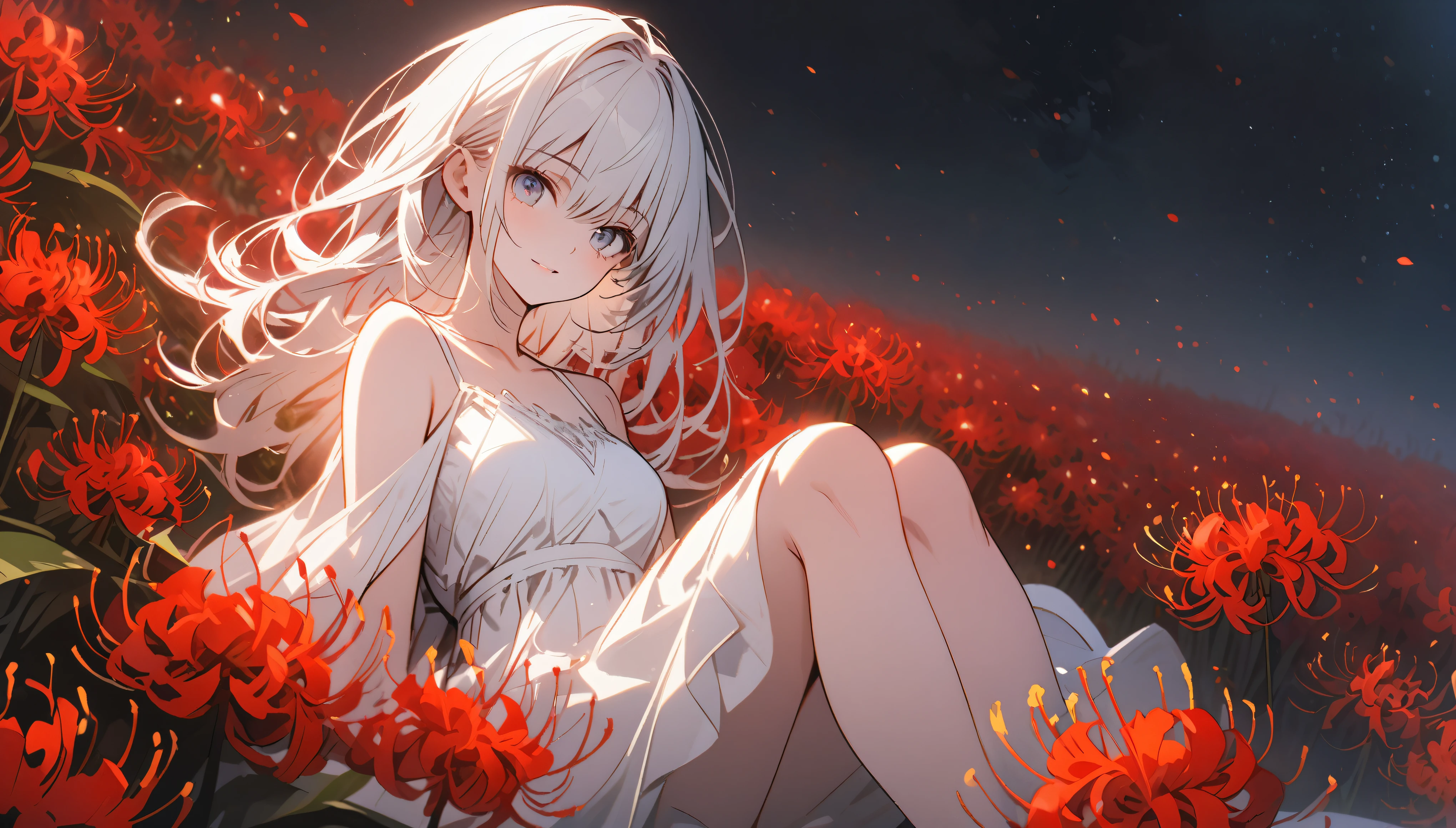 Beautiful girl with white hair, White Dress,Sitting in the flowers with legs crossed,Red spider lily,Flower Field,night,midnight,moonlight