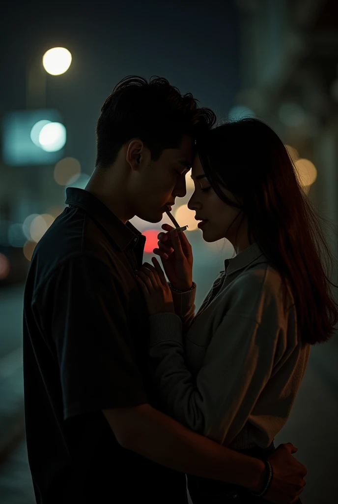 A guy is standing resting to a wall in midnight in low ligh holding his girlfriend. His girlfriend is standing in the same position as the boy but resting her back over the boyfriend.The girl's ass is touched to the boy and she is standing in the opossote direction. The guy is holding her tight by back hugging her with his hand between her arms. The girl is helping the guy to smoke a cigeratte while the cigeratte is in her hand. She is puffing it into the boys mouth by bending her hand behind holding the cigeratte.  Make this image as the camera is placed infront of these people and the girl and the boy both are standing in the same direction. 