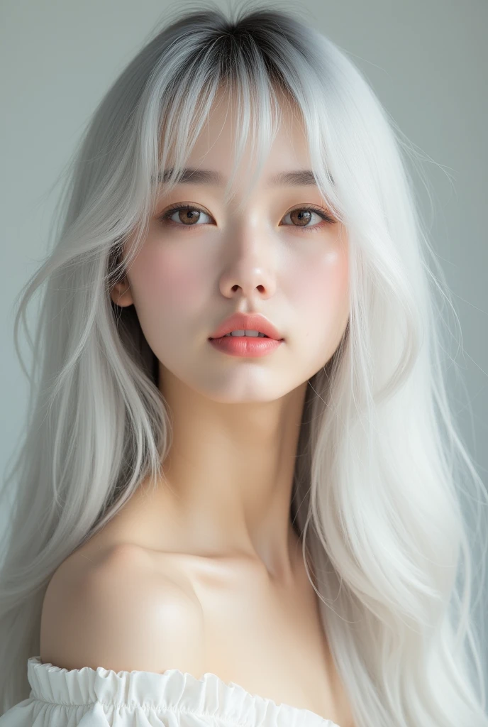 pretty asain girl with straight long hair with bangs in her forehead she has pouty plump natrually pink lips her hair colour is platinum silver with straight eyebrows and a pretty small face shape