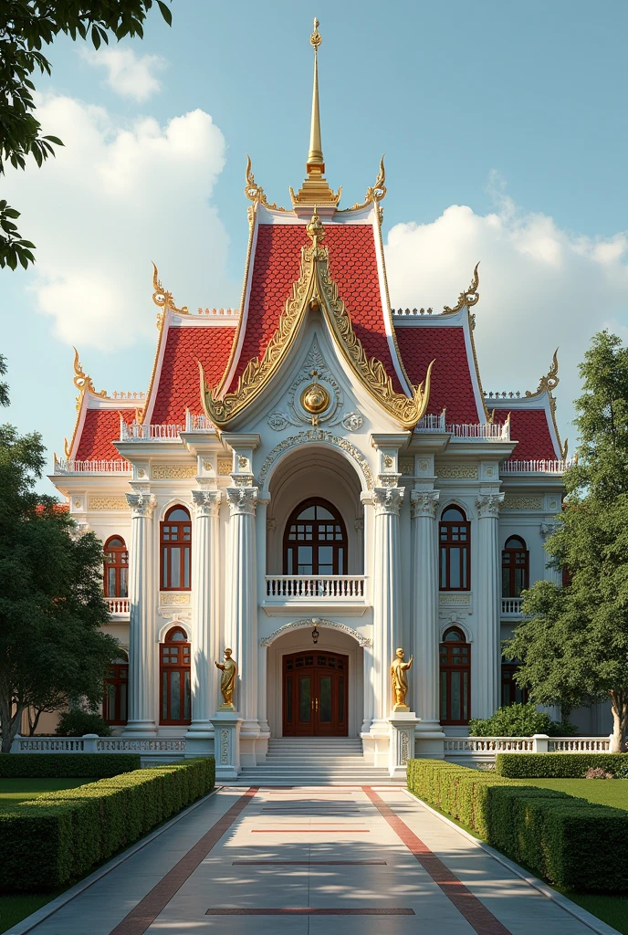 (photorealism:1.2), the Indonesian state palace which holds the representation of Indonesian culture. The very magnificent. Color combination of red and white. Building resembling a Garuda bird