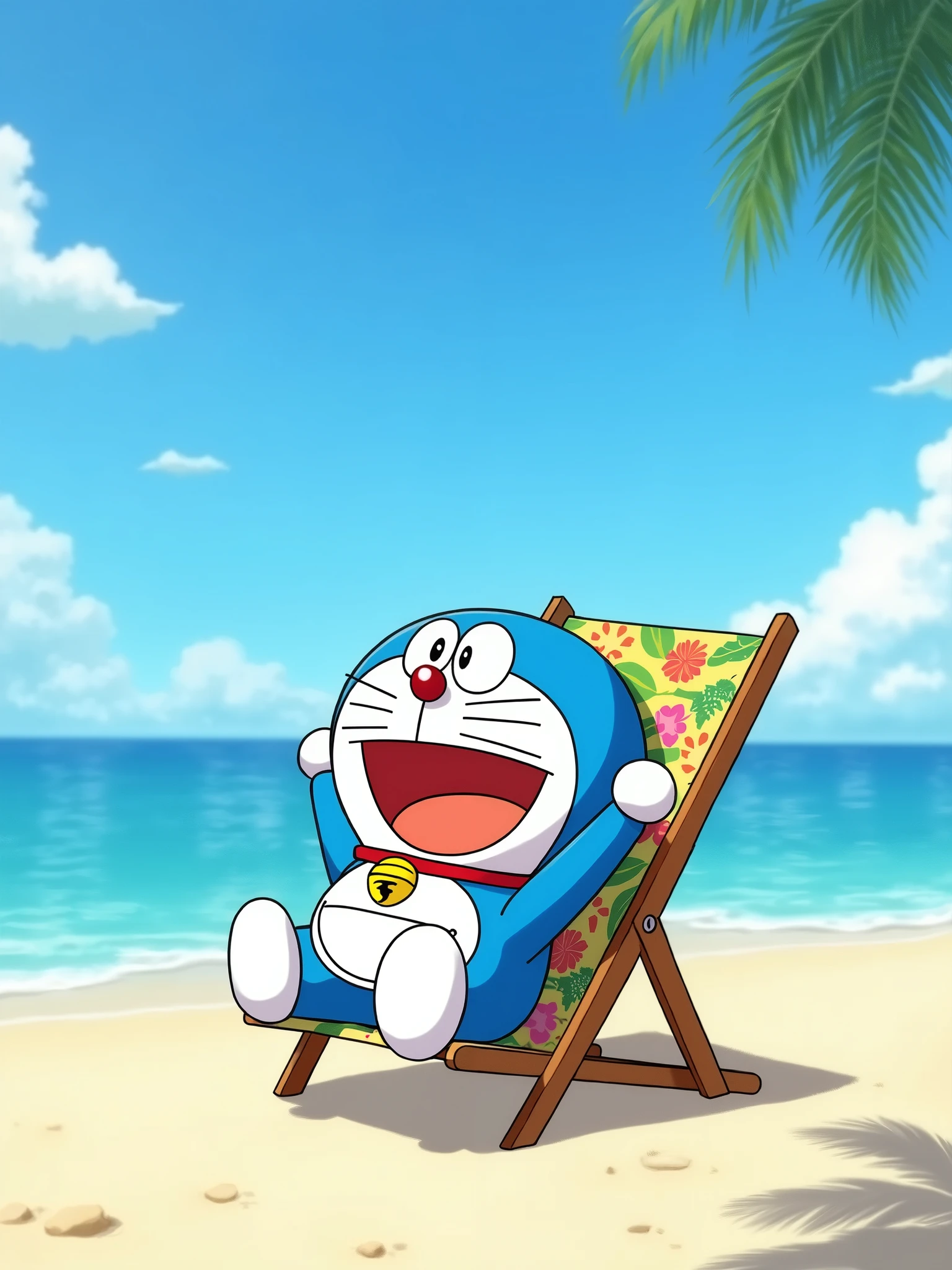 Doraemon is resting on a beach chair by the sea