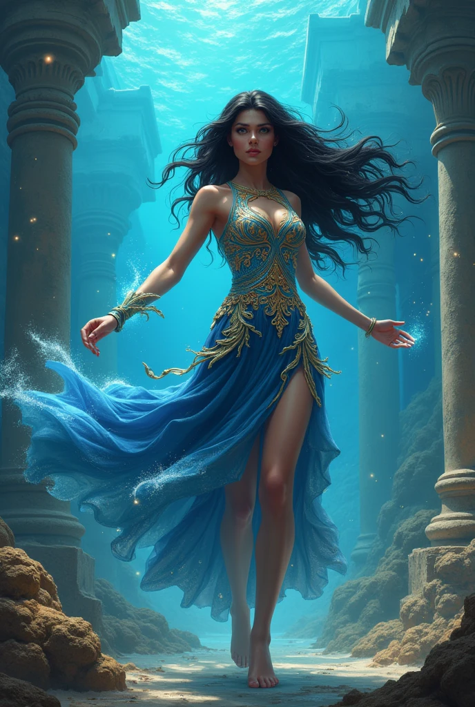 an underwater city、Greece、Fantasy、goddess、Black Hair、beautiful、dress、Mature、bright、Vibrant、Fantasy