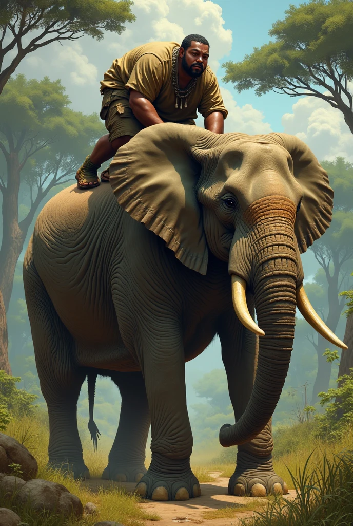 Greedy African man climbing on an elephant