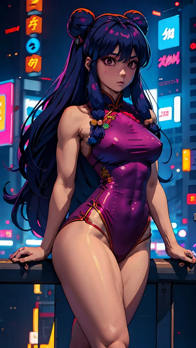 Xampu, ranma 1/2, , coke head、Long blue fur, twin-tail、Traditional Chinese Dress. blank background. Fitness, muscular, shredded abdomen, thick-thighs, thick calves, sexy legs, thick-thighs, Broad Hips, Waist slender, breasts small, high-heels, whole body, legs thick, Legs long. cyberpunk-city view, clearly defined lines, Very sexy neon lights, 8k, 8k Very detailed), (Very delicate and beautiful), (work of art), (best qualityer: 1.0), (ultra-high resolution:1.0), ((tema de fundo synthwave)) traditional chinese dress