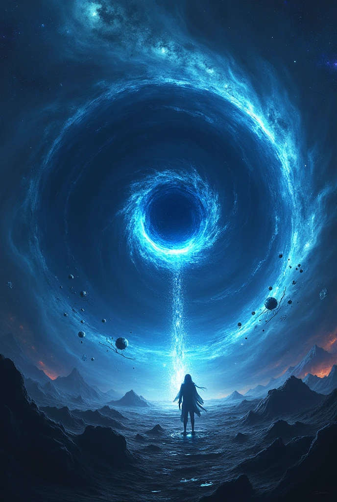 A terrifying creature,the star eater,it is shaped like a cosmic blue eye in the middle of a comic vortex like a black hole that sucks in all the stars around it