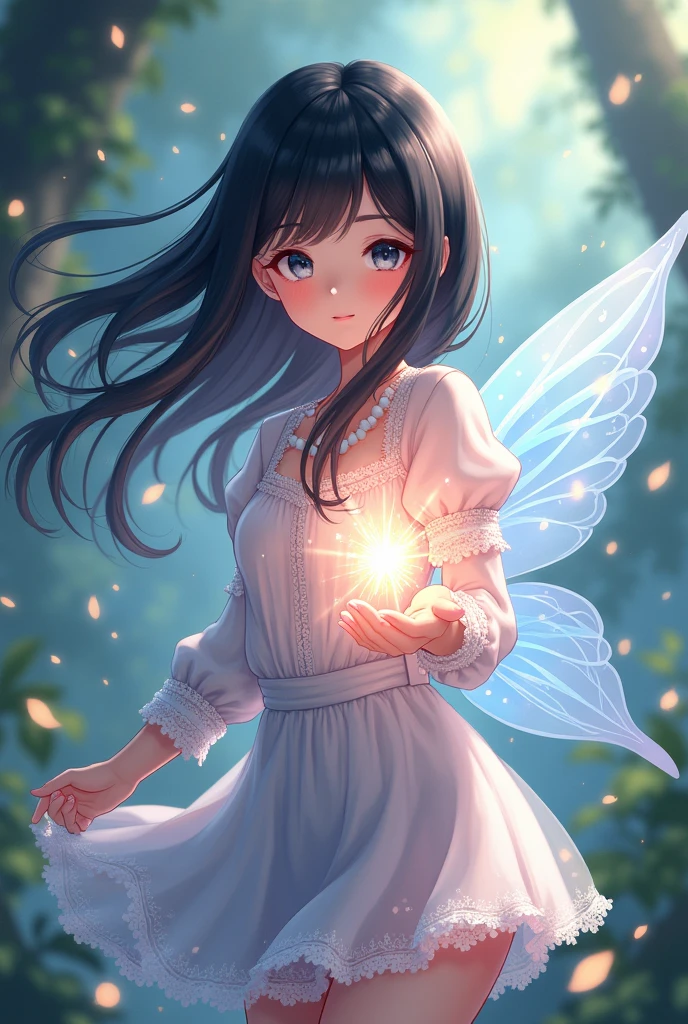 Fairy tail anime girl uses light magic cute clothes black hair