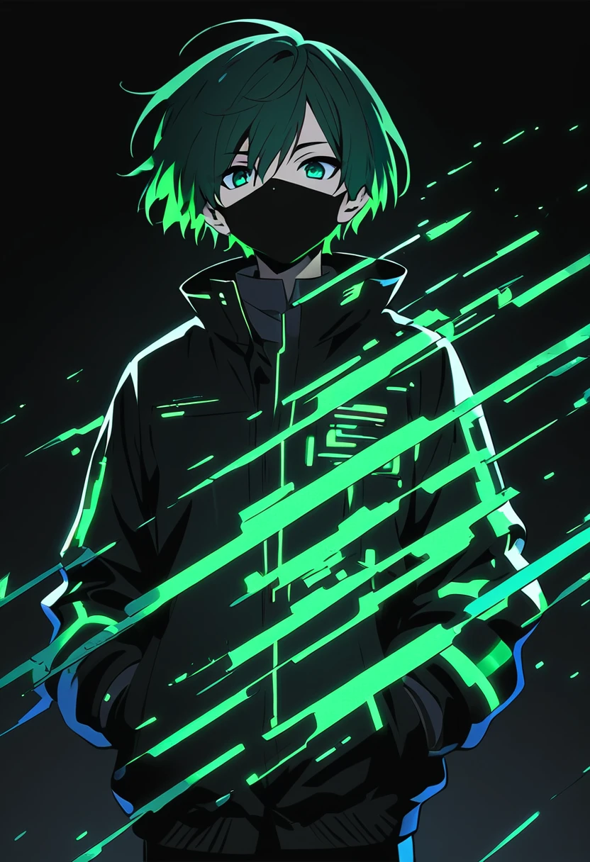 One boy、masterpiece、Highest quality、Beauty、Dark green hair、Short Hair、Center Parting、Black school uniform、Cyber-inspired jacket、Put your hands in your pockets、Black Mask、Black Background、paint、anime